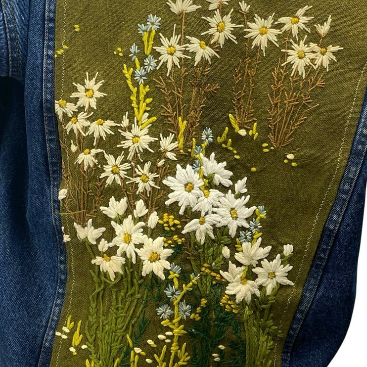 Army Navy Men's Blue Floral Embroidered Handmade Button Down Denim Coat Jacket M