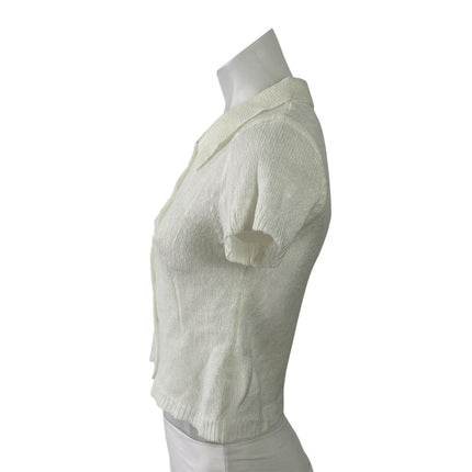 6ixty8ight Womens White Knit Collared Short Sleeve Button Down Crop Shirt Top M