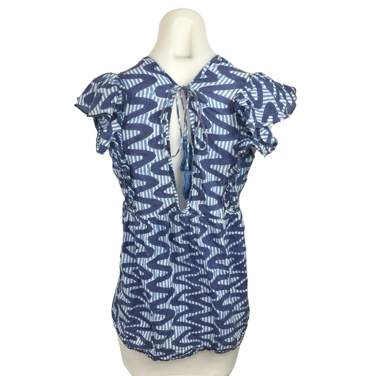 Oliphant Blue Striped Zig Zag V Neck Keyhole Back Ruffle Blouse Top Size M