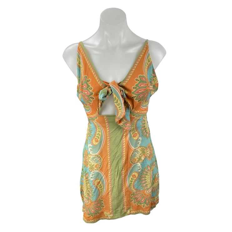 Farm Rio Coral Green Floral Paisley Tie Sleeveless Cami Backless Mini Dress M