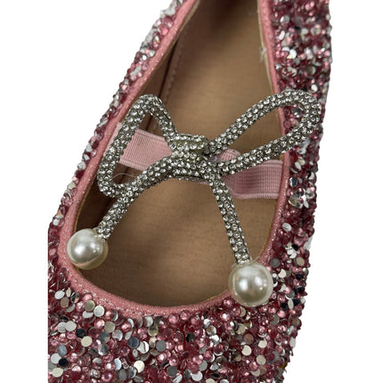 Kids Girls Pink Rhinestone Bow Glitter Beaded Round Toe Ballet Flat Shoes 33/1.5