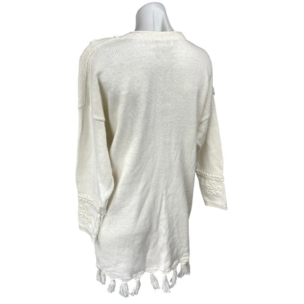 Style New York Cream Long Sleeve 3D V Neck Tassel Mini Sweater Dress Size L