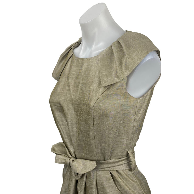 Mojo. S. Phine Women's Gold Ruffle Pleated Belted Midi Sheath A-Line Dress Sz S