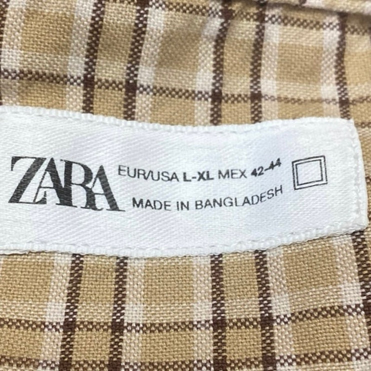 Zara Men's Multicolor Tan Plaid Short Sleeve Button Down Pocket Shirt Top L-XL