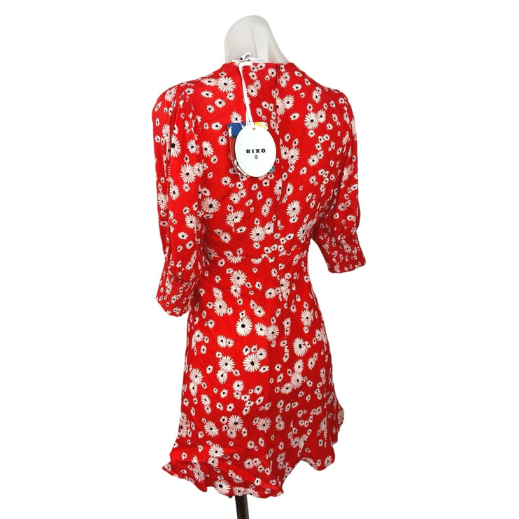 Rixo NWT Red Daisy Floral Plunging V-neck Puff Sleeve Swing Mini Dress Size 2