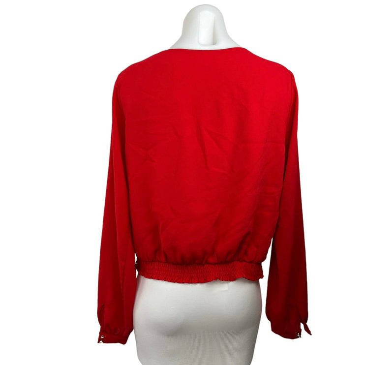 Soieblu Red Lace V Neck Gold Accent Smocked Long Sleeve Blouse Top Size L