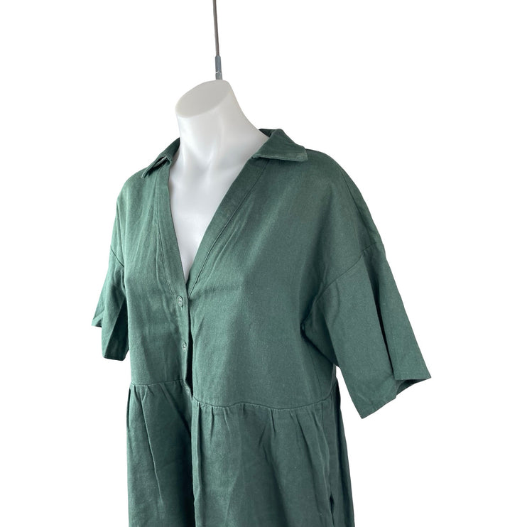 Vestique Women's Green Short Sleeve V Neck Button Up Shirt Romper Shorts M