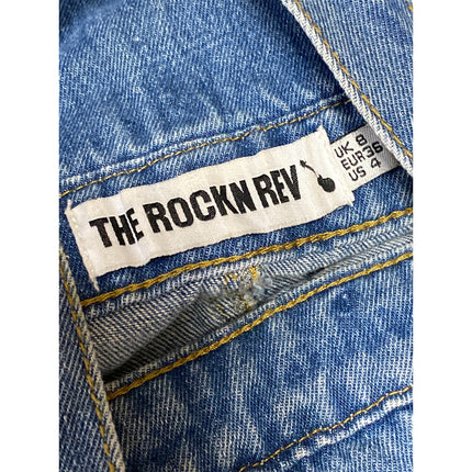 The Rockn Rev Womens Blue Denim Distressed Overall Jeans Jumpsuit Romper Size 4