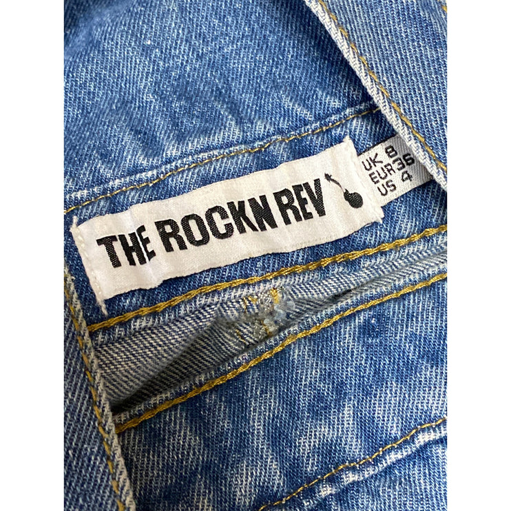 The Rockn Rev Womens Blue Denim Distressed Overall Jeans Jumpsuit Romper Size 4