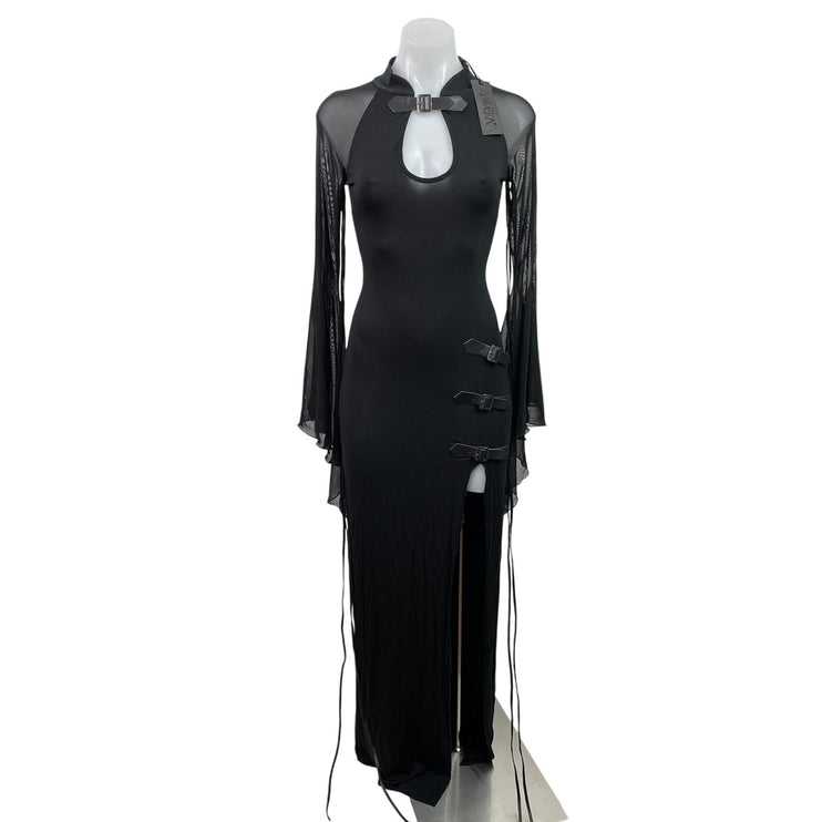 Dolls Kill Widow Black Sheer Bell Long Sleeve Keyhole Maxi Bodycon Dress Size XS