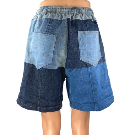 Women's Blue Patchworks Colorblock Elastic Waist Denim Jeans Bermuda Shorts Sz S