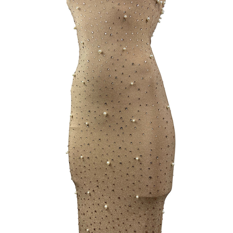 NEW PrettyLittleThing Gold Bandeau Tube Beaded Rhinestone Maxi Bodycon Dress 4
