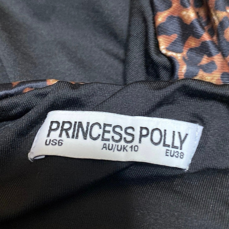 Princess Polly Brown Leopard Animal Print Long Sleeve Tie Back Crop Shirt Top 6