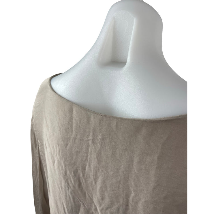 Womens Beige Silk Lagenlook Round Neck Batwing Sleeve Tunic Shirt Blouse Top S/M