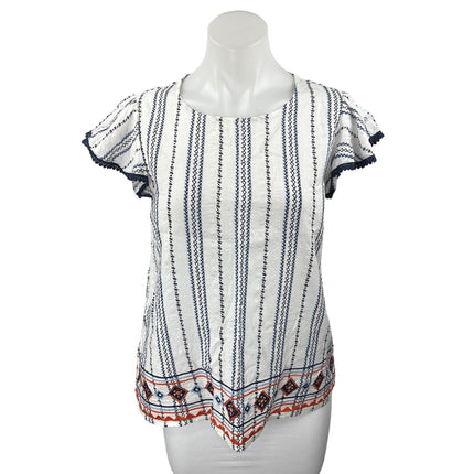 THML Bogo White Blue Striped Embroidered Short Flutter Sleeve Blouse Top Size S