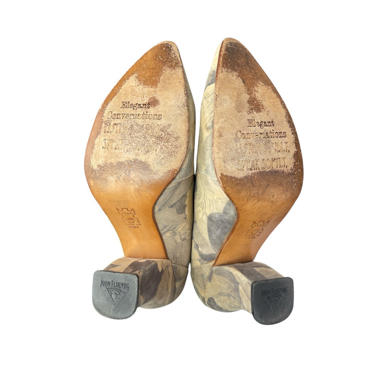 John Fluevog Kendra Gray Beige Floral Leather Pointed Toe Slip On Pump Heels 8.5