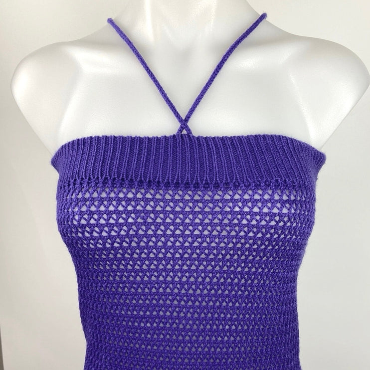 Womens Purple Open Knit Crochet See Through Halter Bodycon Summer Dress Size M