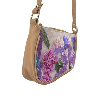 Women's Tan Purple Floral Sequin Embroidered Y2k Baguette Shoulder Handbag OS