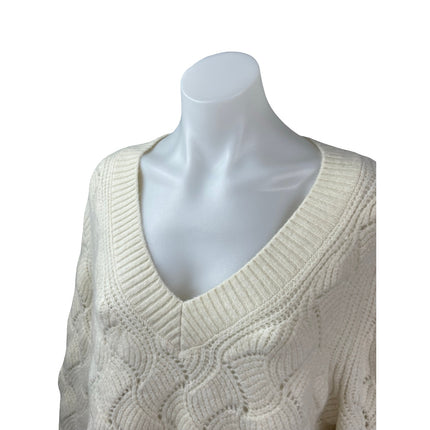 Gap Women's Cream Wool Open Knit Long Sleeve V Neck Loose Sweater Top Size L
