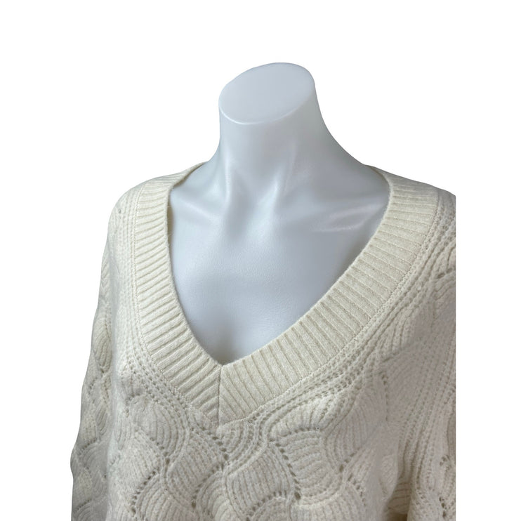 Gap Women's Cream Wool Open Knit Long Sleeve V Neck Loose Sweater Top Size L