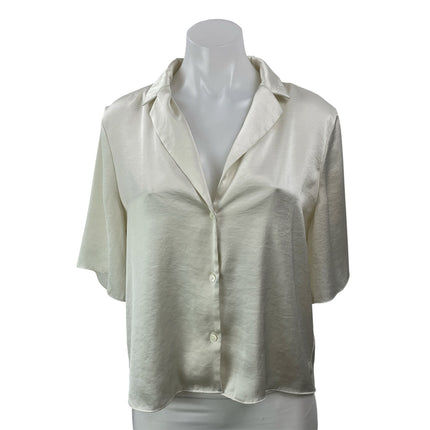 Aritzia Wilfred White Ivory Silk Satin Short Sleeve Button Down Cropped Shirt M