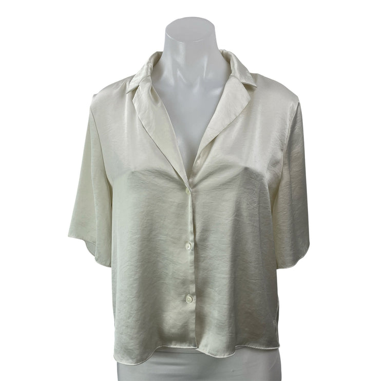 Aritzia Wilfred White Ivory Silk Satin Short Sleeve Button Down Cropped Shirt M
