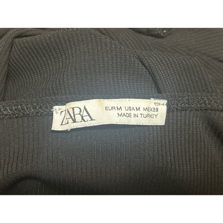 Zara Women's Black Short Sleeve Deep V Neck Ribbed Knit T Shirt Tee Top Size M