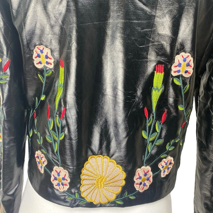 Elli White Black Faux Leather Floral Embroidered Studded Moto Biker Jacket Sz S