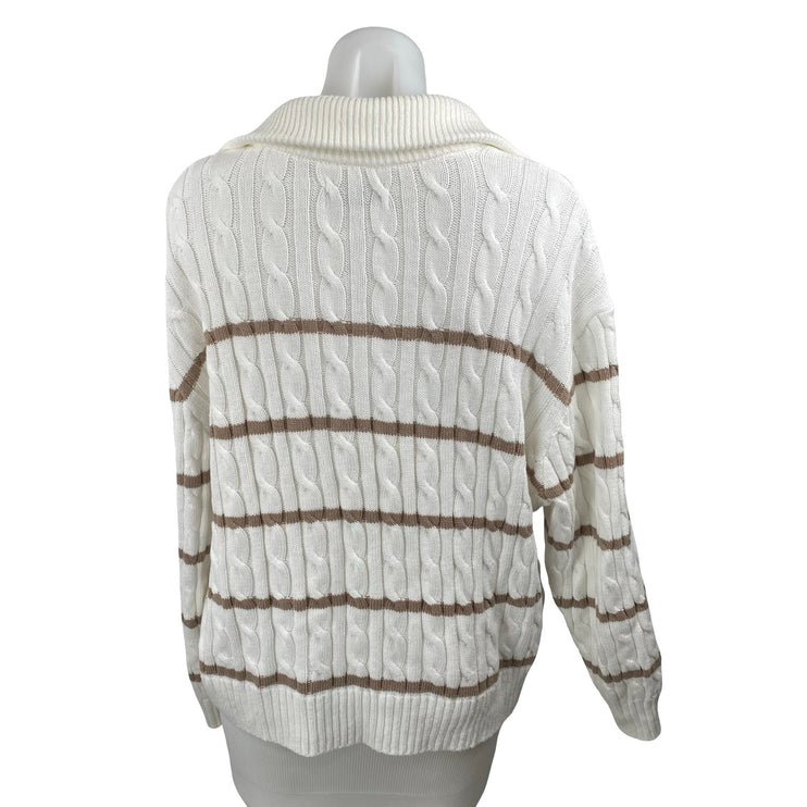 Hollister Womens White Brown Cable Knit 1/4 Zip Collared Polo Sweater Top Size S