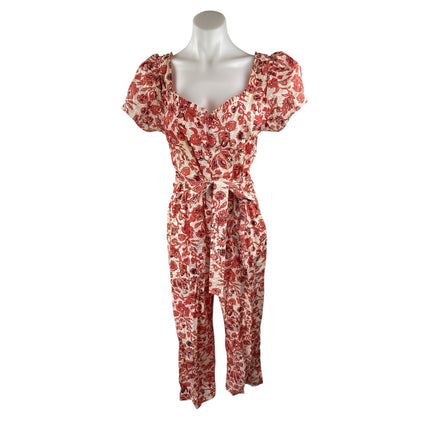 Find Me Now Red Floral Short Puff Sleeve Smocked Tie Waist Crop Jumpsuit Size M