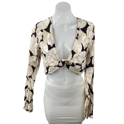 NEW H&M Beige Black Linen Seashells Print Long Sleeve Twist Front Crop Top Sz S
