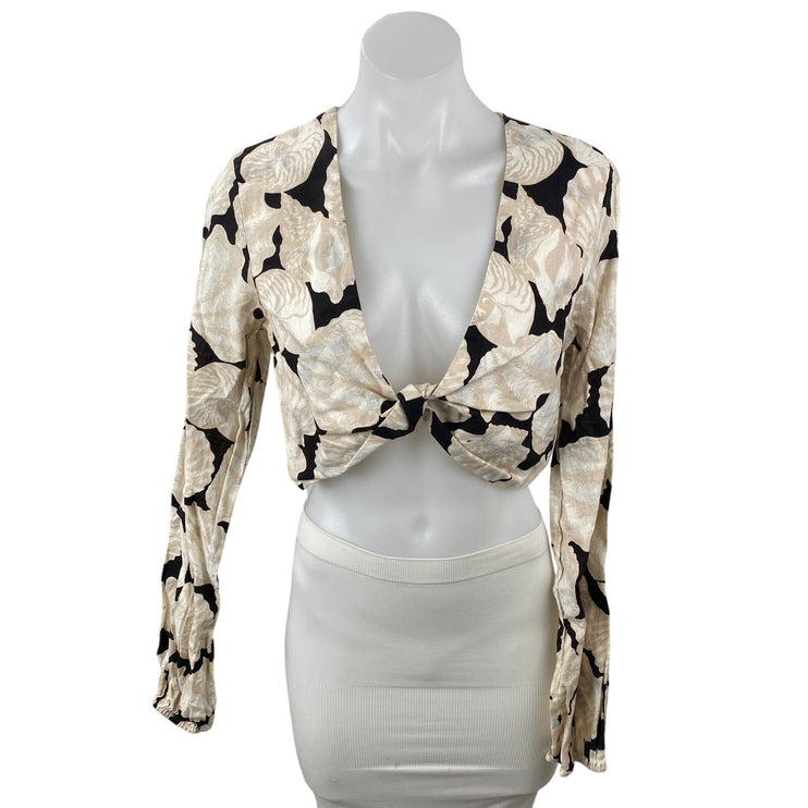 NEW H&M Beige Black Linen Seashells Print Long Sleeve Twist Front Crop Top Sz S