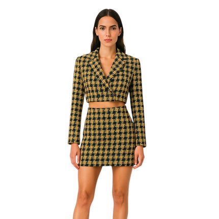 House of Harlow 1960 Yellow Black Gingham Long Sleeve Blazer Skirt 2 Pc Set S/M