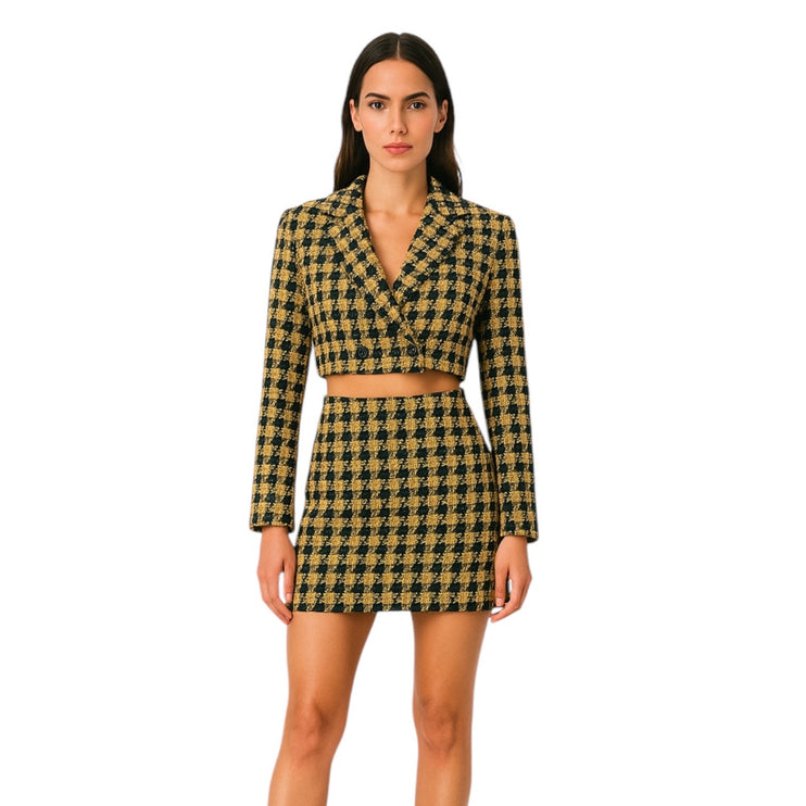 House of Harlow 1960 Yellow Black Gingham Long Sleeve Blazer Skirt 2 Pc Set S/M