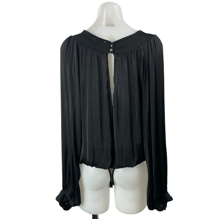 Free People Intimately Black Long Sleeve Smocked Lace Thong Bodysuit Top Size S