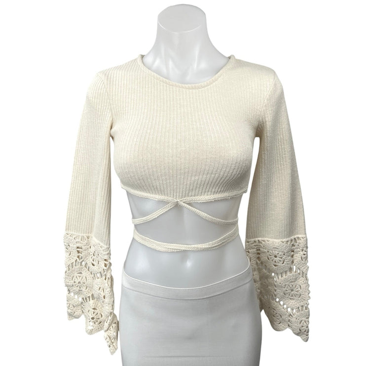 Zara Women's Cream Ecru Crochet Knit Boho Long Sleeve Cut Out Crop Top Size S