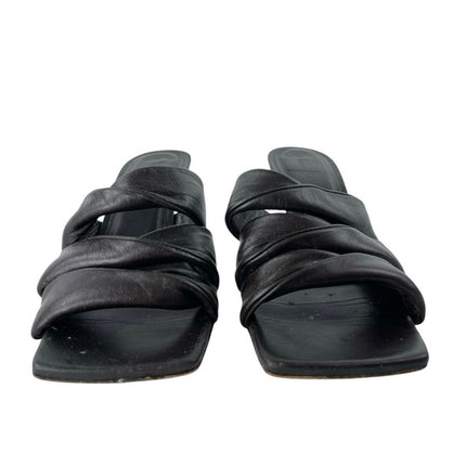Massimo Dutti Black Ruched Leather Square Toe Flared Heels Mules Sandals Size 39