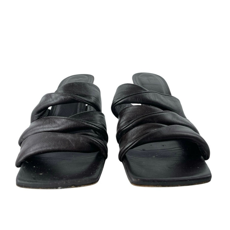 Massimo Dutti Black Ruched Leather Square Toe Flared Heels Mules Sandals Size 39