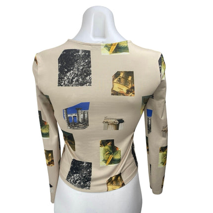 Zara Apotheosis of Homer Beige Long Sleeve Graphic Slim Fit Crop Shirt Top Sz S