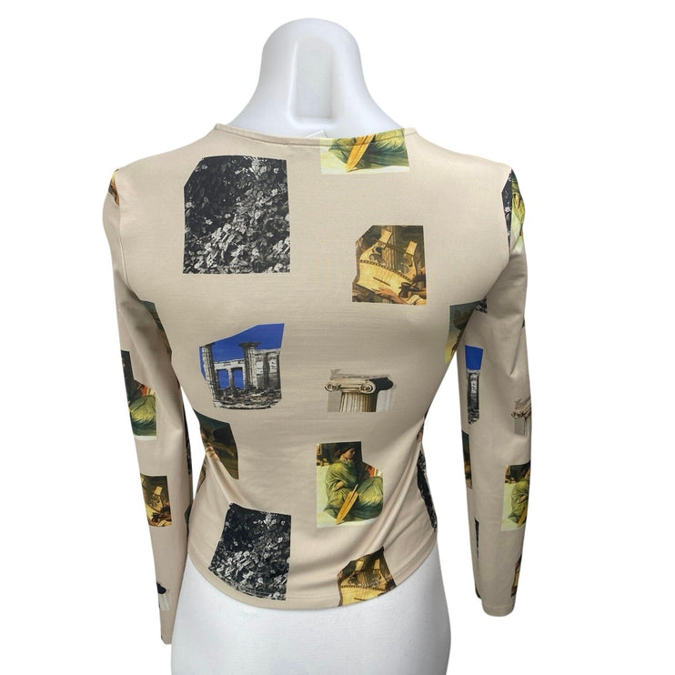 Zara Apotheosis of Homer Beige Long Sleeve Graphic Slim Fit Crop Shirt Top Sz S