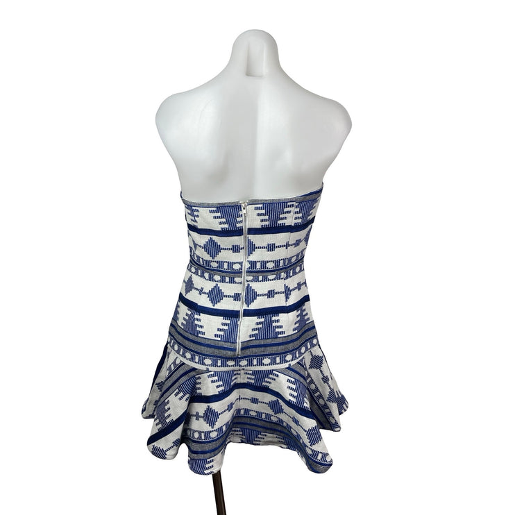 Line and Dot Blue White Aztec Tribal Strapless Sweetheart A Line Mini Dress Sz S