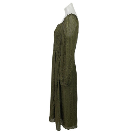Skies Are Blue Green Mesh Long Sleeve Smocked Midi Maxi A-Line Flared Dress Sz M