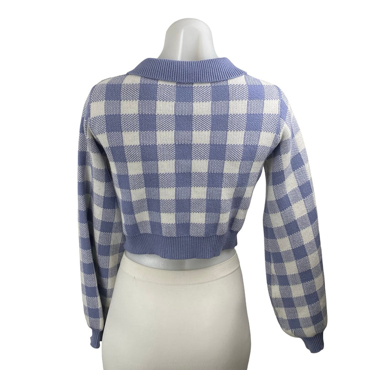 Lola May Women's Blue Gingham Check Long Sleeve Knit Cropped Sweater Top Size 8