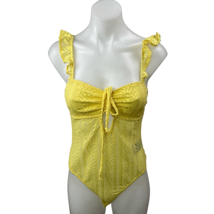 Urban Outfitters Out From Under Yellow Open Knit Ruffle Tank Bodysuit Top Size S