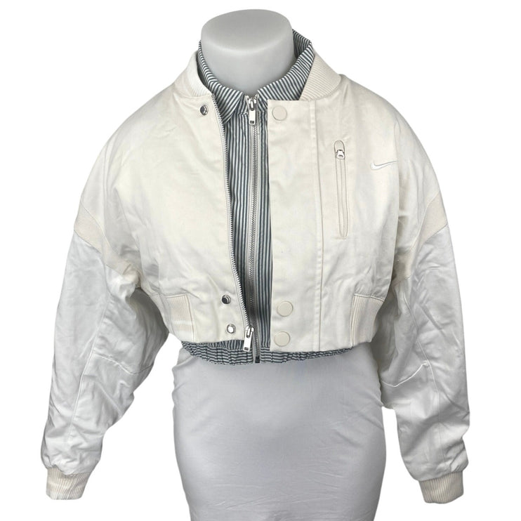 NEW Nike Destroyer White Gray Striped Oversized Canvas Cropped Jacket Size L