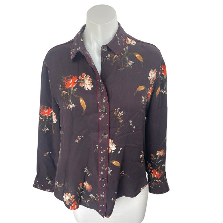 Allsaints Women's Purple Floral 100% Silk Long Sleeve Button Up Shirt Top Size 4