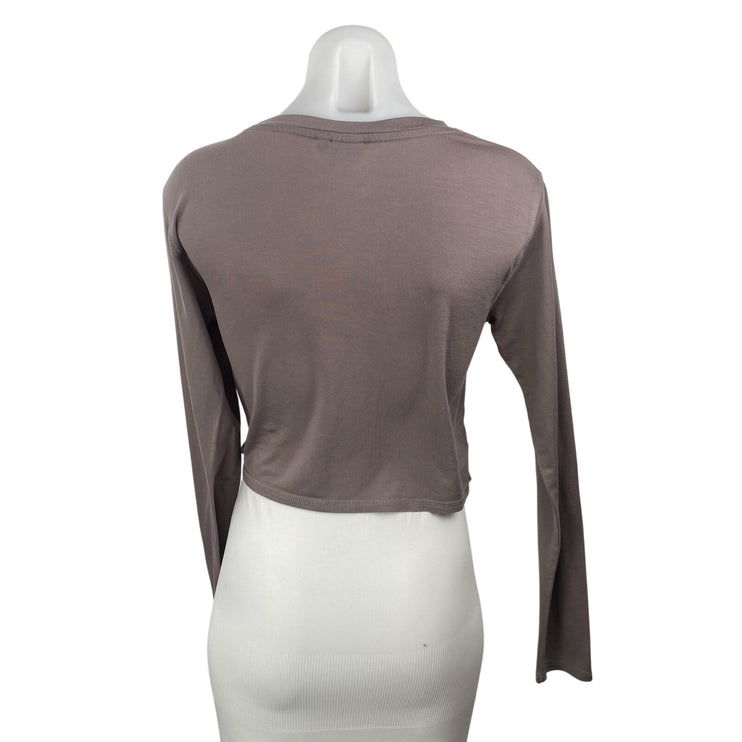 Mono B Women's Purple Long Sleeve Draped Knit Cropped T Shirt Tee Top Size L