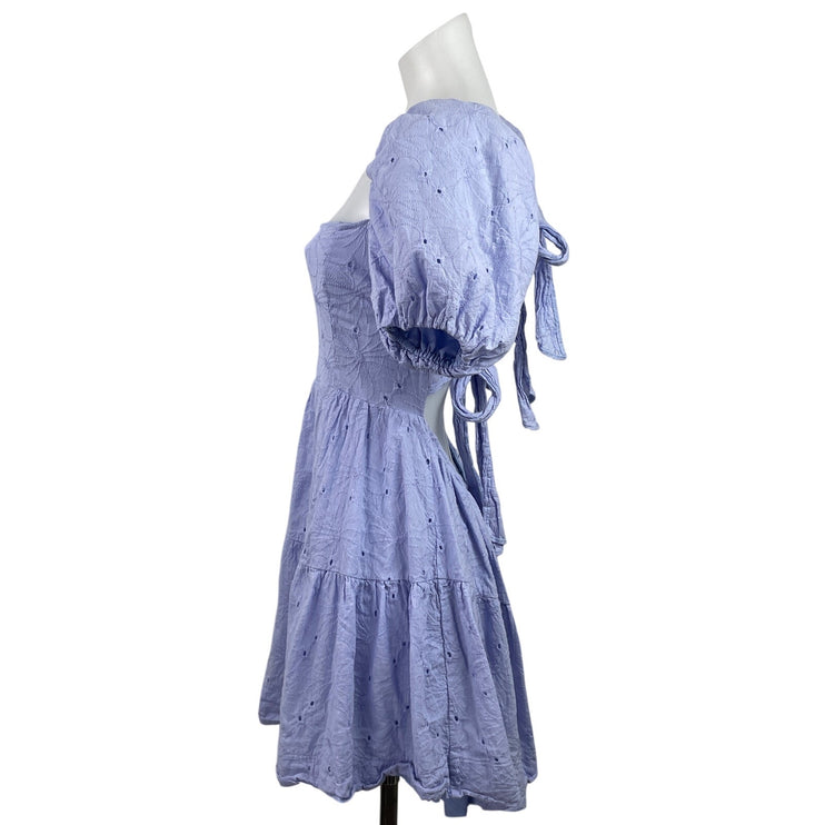 Do+Be Blue Embroidered Eyelet Short Fuff Sleeve Tiered Mini Fit & Flare Dress L