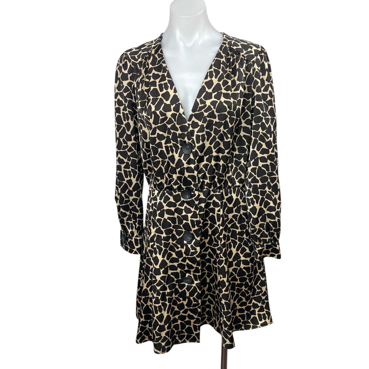 ZARA Black Animal Print Long Sleeve Mini Button Up Flare A-Line Shirt Dress Sz M