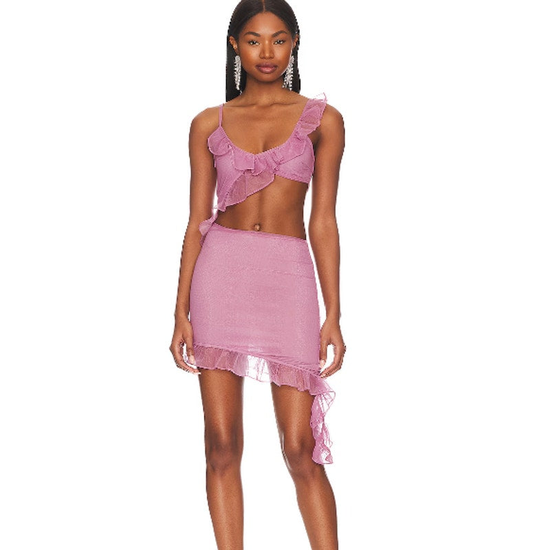 more to come pink mini dress Revolve X More To Come Satin Ruffle Mini Dress Blush Pink Tie Belt XS New